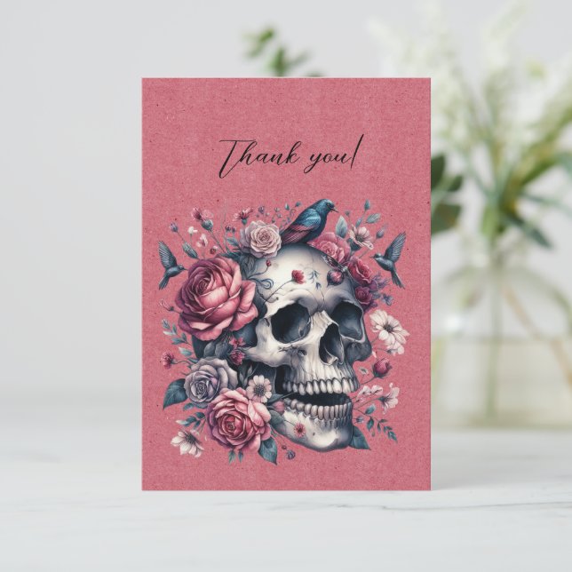 Gothic Skull Birds Blume auf Rose Rot Vielen Dank Dankeskarte (Stehend Vorderseite)