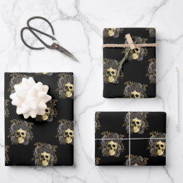 Gothic Skull Black & Gold Glitzer Rose Geschenkpapier Set