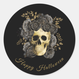 Gothic Skull Black & Gold Rose Halloween Runder Aufkleber