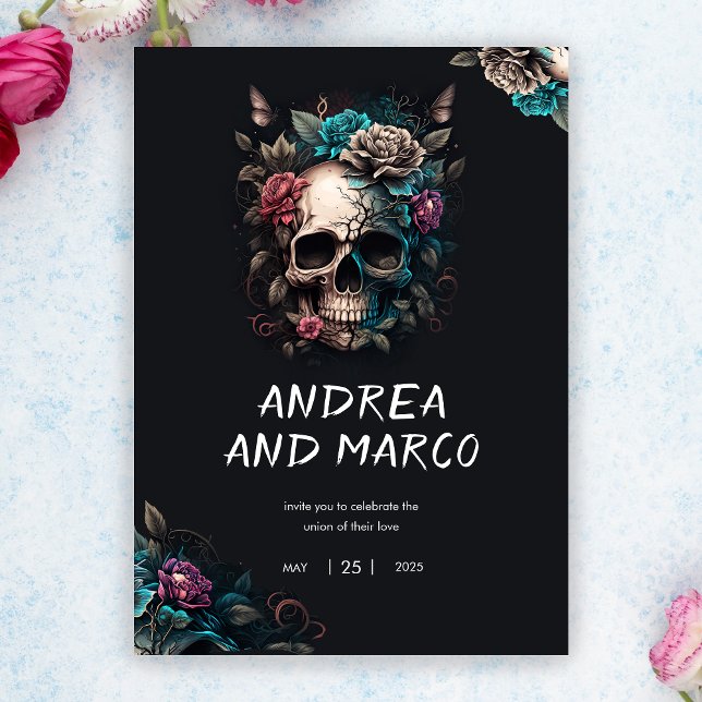 Gothic Skull Black und Lila Rock and Roll Weddin Einladung (Skull Tattoo Rock and Roll Gothic Wedding Invitation)