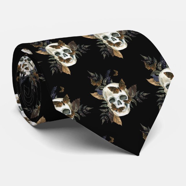Gothic Skull Botanical Black Krawatte (Gerollt)