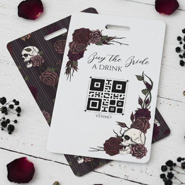 Gothic Skull Buy the Bride a Drink QR Code Ausweis (Gothic Wedding Buy the Bride a Drink Wedding QR Code Badges. Elegant Dark Floral Skull Hand Drawn)