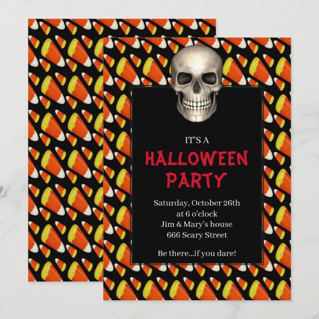 Gothic Skull Candy Corn Halloween-Party Einladung (Vorne/Hinten)