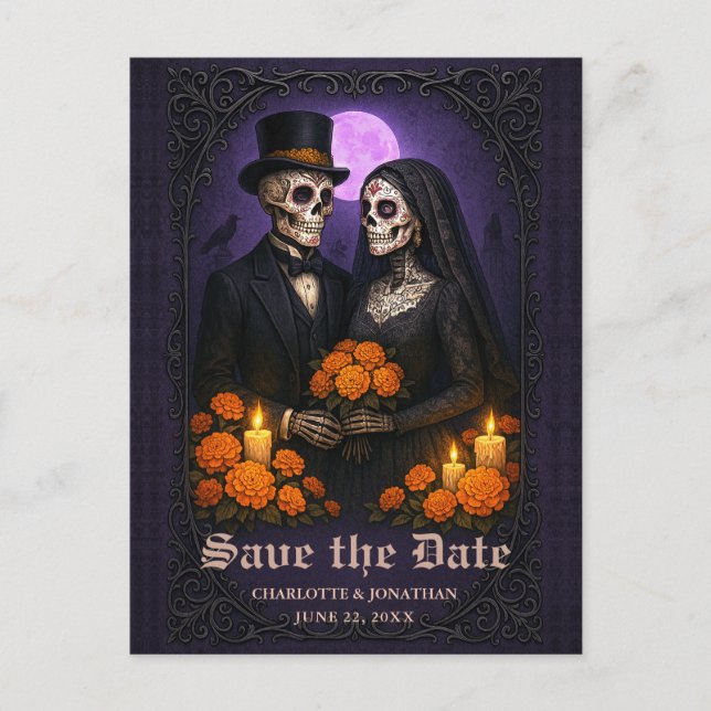 Gothic Skull Candy Couple Wedding Save the Date Ankündigungspostkarte (Vorderseite)