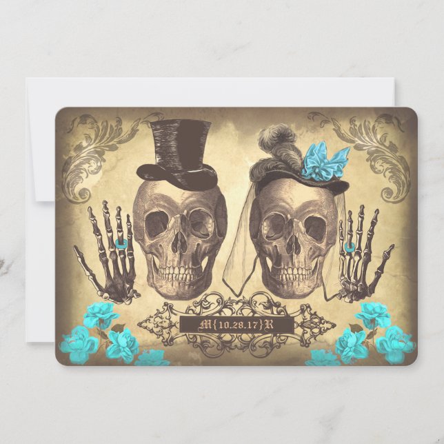 Gothic Skull Couple Day of the Dead Wedding Einlad Einladung (Vorderseite)