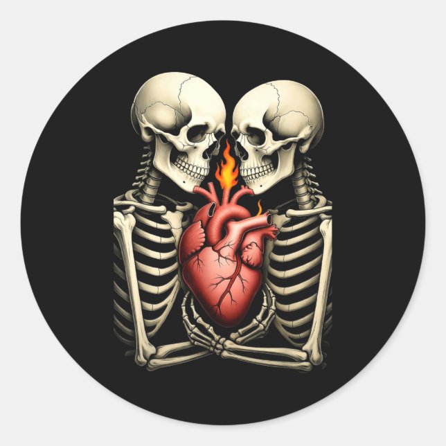 Gothic Skull Couple Flaming Heart Dark Romance Sty Runder Aufkleber (Vorderseite)
