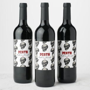 Gothic Skull "Death Before Decaf"   Spooky Funny - Weinetikett