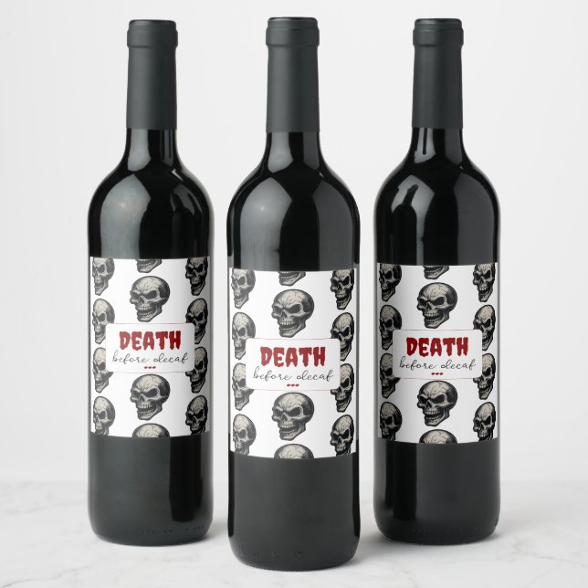 Gothic Skull "Death Before Decaf" | Spooky Funny - Weinetikett (Flaschen)