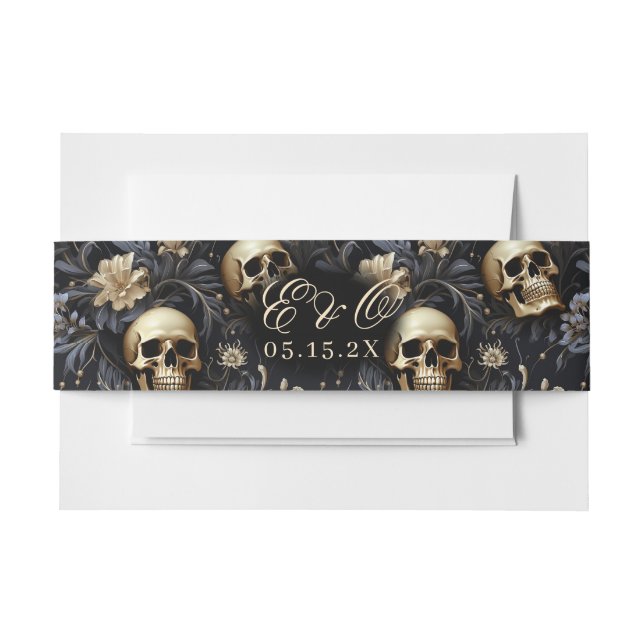 Gothic Skull Elegante Floral Gold Hochzeit Einladungsbanderole (Vorderseite Beispiel)