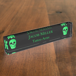 Gothic Skull Face Neon Green Black Tattoo Shop Namensplakette