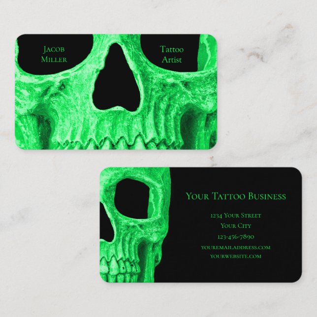 Gothic Skull Face Neon Green Black Tattoo Shop Visitenkarte (Vorne/Hinten)