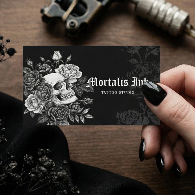 Gothic Skull & Floral Black Tattoo Studio Artist Visitenkarte (Gothic Skull & Floral Black Tattoo Studio Artist Business Card)