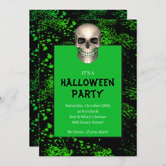Gothic Skull Green Spritzer Halloween-Party Einladung (Vorne/Hinten)
