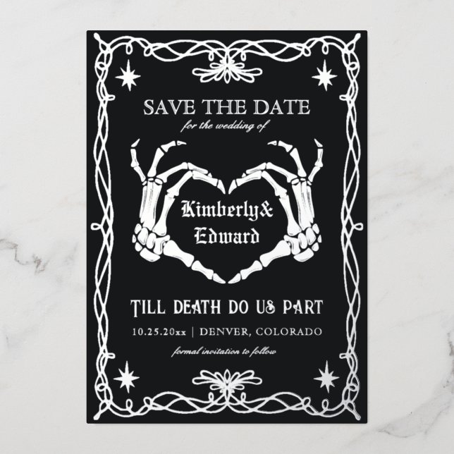 Gothic Skull Hallowedding Retro Save the Date Folieneinladung (Vorderseite)