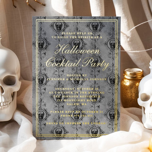 Gothic Skull Halloween Cocktail Party Gold Folieneinladung (Elegant Gothic Skull Halloween Cocktail Party Gold Foil Invitation)
