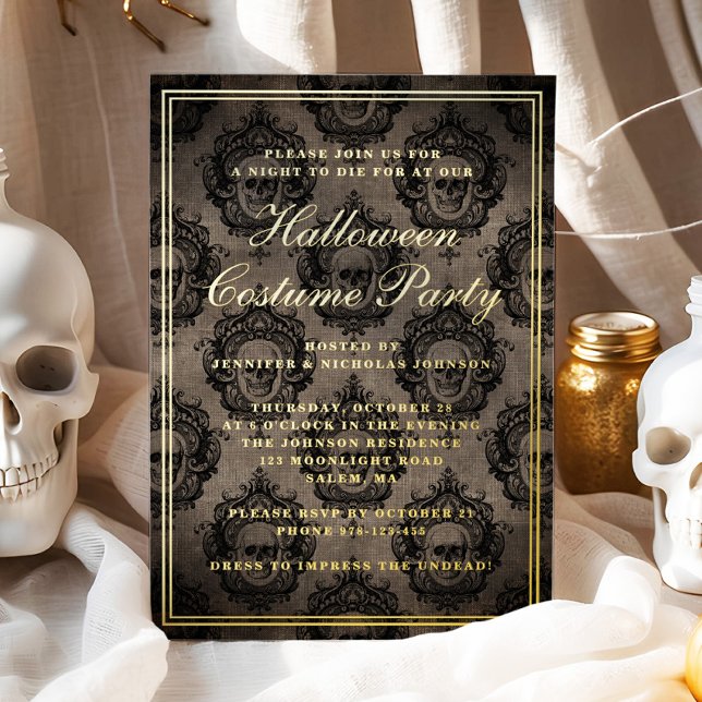 Gothic Skull Halloween Kostüm Party Gold Folieneinladung (Gothic Skull Halloween Costume Party Gold Foil Invitation)