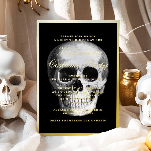 Gothic Skull Halloween Kostüm Party Gold Folieneinladung (Gothic Skull Halloween Costume Party Gold Foil Invitation)
