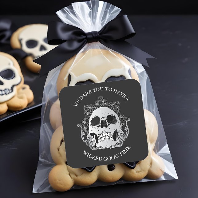 Gothic Skull-Halloween-Party Quadratischer Aufkleber (Gothic Skull Halloween Party 3" Square Stickers)