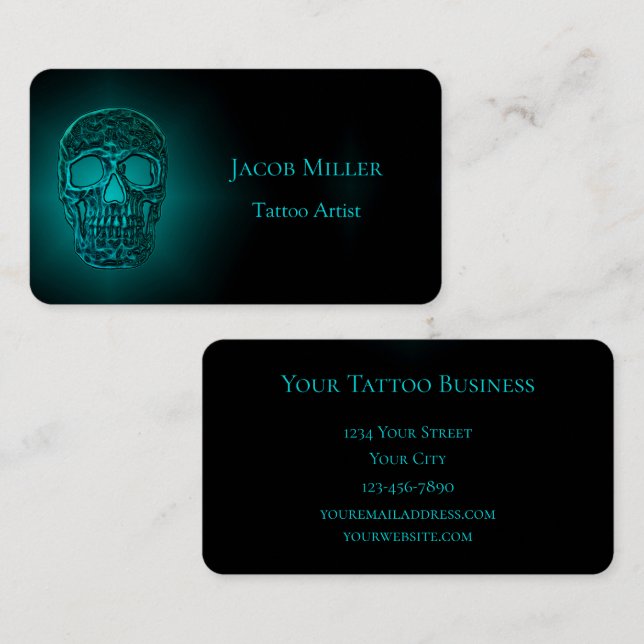 Gothic Skull Head Aquamarin Green Tattoo Shop Visitenkarte (Vorne/Hinten)