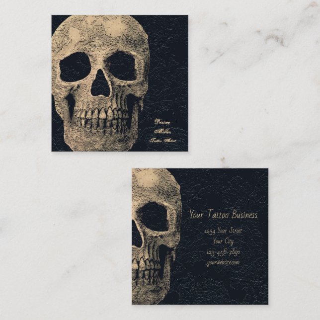 Gothic Skull Head Beige Black Floral Tattoo Artist Quadratische Visitenkarte (Vorne/Hinten)