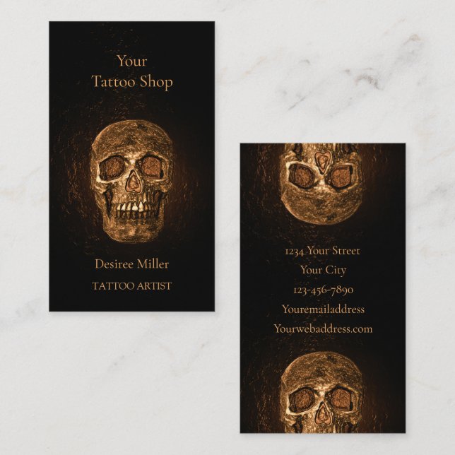 Gothic Skull Head glühend Gold Black Tattoo Shop Visitenkarte (Vorne/Hinten)