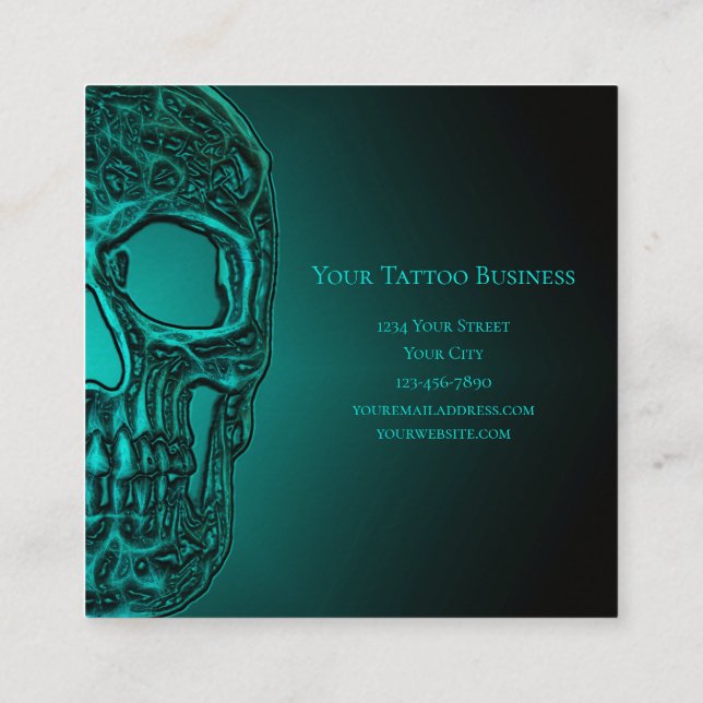 Gothic Skull Head Metallic Aquamarin Green Tattoo  Quadratische Visitenkarte (Rückseite)