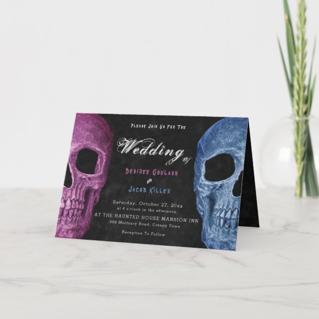 Gothic Skull Head Pink Blue Hallowedding Einladung (Vorderseite)