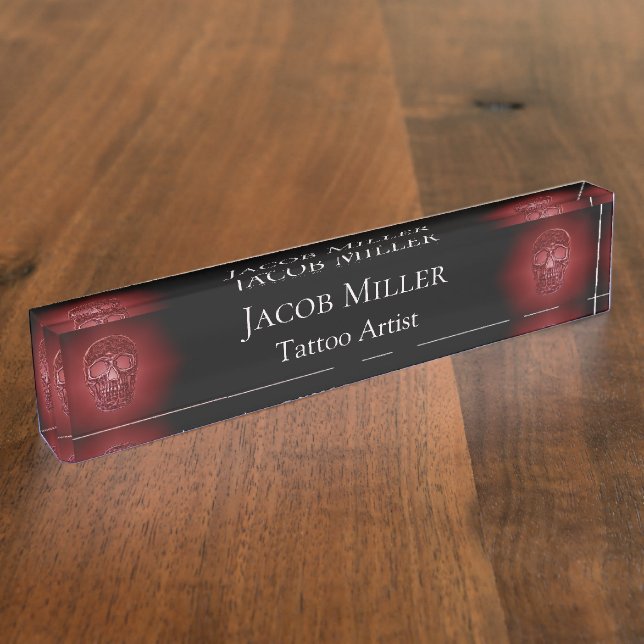 Gothic Skull Head Rot Schwarz Glühen Tattoo Shop Namensplakette (Seite)