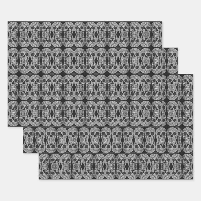 Gothic Skull Kopf Schwarz-Weiß Abstraktes Muster Geschenkpapier Set (Set)