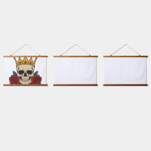 Gothic Skull-Krone mit roten Rosen – Dunkler Biker Wandteppich Mit Holzrahmen