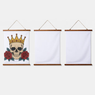 Gothic Skull-Krone mit roten Rosen – Dunkler Biker Wandteppich Mit Holzrahmen