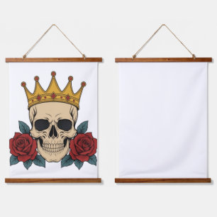 Gothic Skull-Krone mit roten Rosen – Dunkler Biker Wandteppich Mit Holzrahmen