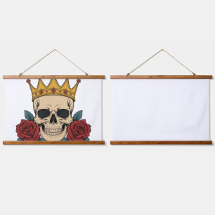 Gothic Skull-Krone mit roten Rosen – Dunkler Biker Wandteppich Mit Holzrahmen