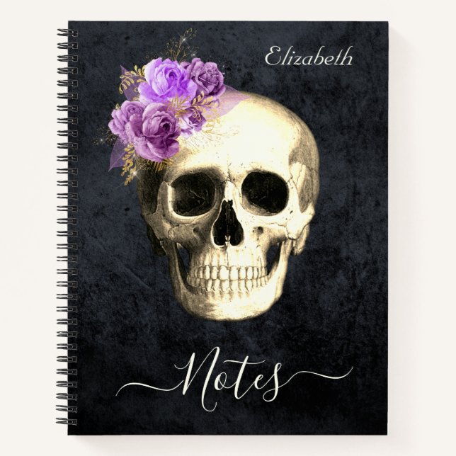 Gothic Skull Lila Rose Personalisiert Notizbuch (Vorderseite)