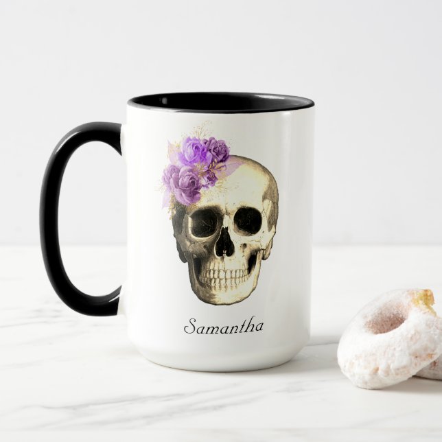 Gothic Skull Lila Rose Personalisiert Tasse (Mit Donut)