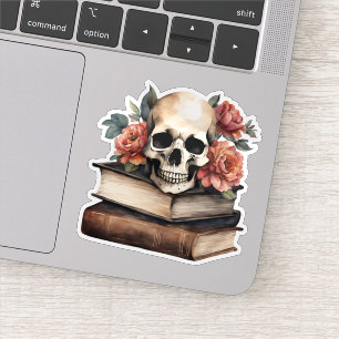 Gothic Skull mit Büchern und Blume Wasserdicht Aufkleber