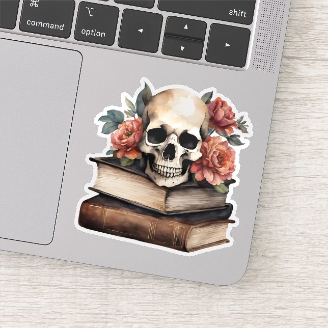 Gothic Skull mit Büchern und Blume Wasserdicht Aufkleber (Detail)