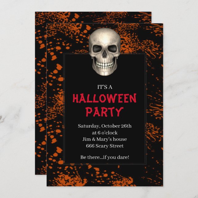 Gothic Skull Orange Spritzer Halloween-Party Einladung (Vorne/Hinten)