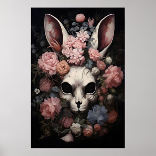 Gothic Skull Rabbit Druck, Dunkle Florale Hasen Poster