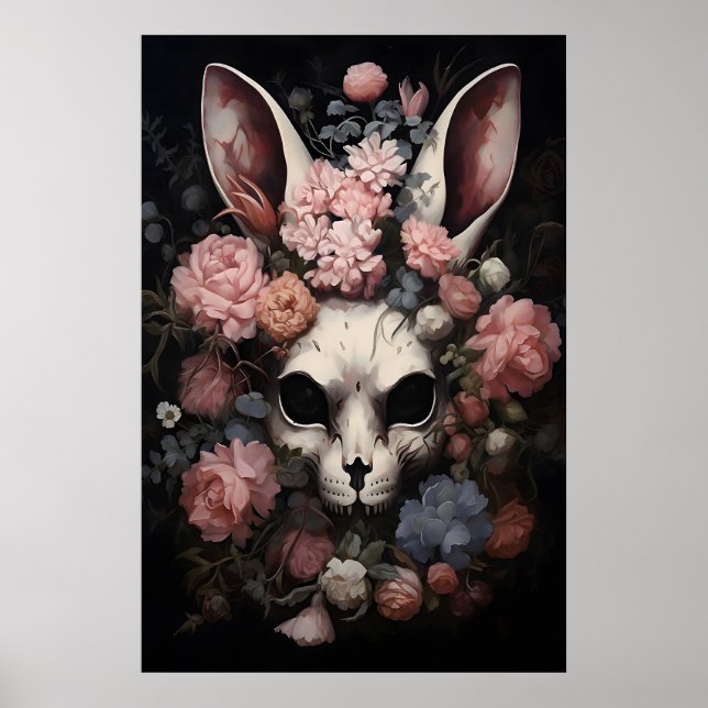 Gothic Skull Rabbit Druck, Dunkle Florale Hasen Poster (Vorne)