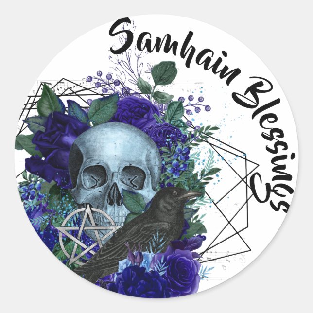 Gothic Skull & Raven Lila Samhain Segnungen Runder Aufkleber (Vorderseite)