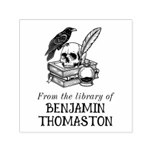 Gothic Skull, Raven, Quill & Ink Library Name Permastempel