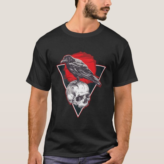 Gothic Skull Red Moon Black Crow T-Shirt (Vorderseite)