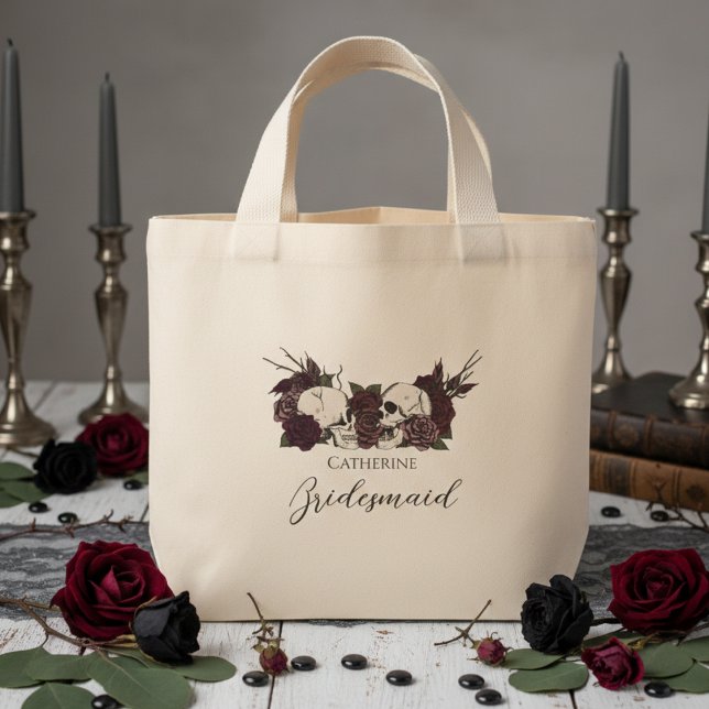 Gothic Skull & Rose Bridesmaid Mini Stoffbeutel (Elegant Gothic Wedding Tote Bags. Dark Floral Skulls with Burgundy and Mauve Roses for Bridesmaid)