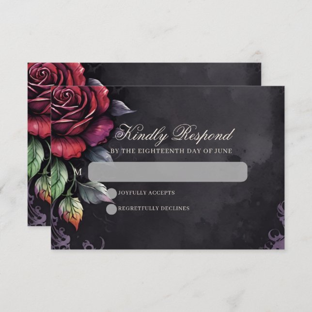 Gothic Skull & Rose Elegante Dunkle Hochzeit RSVP Karte (Vorne/Hinten)