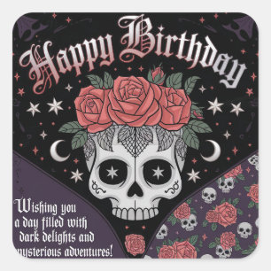Gothic Skull & Rose Geburtskarte Quadratischer Aufkleber