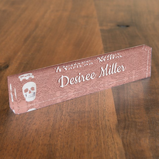 Gothic Skull Rose Gold Weißes Modern Elegant Namensplakette (Seite)