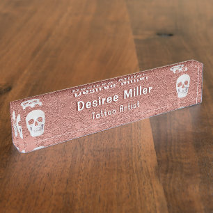 Gothic Skull Rose Gold Weißes Modern Elegant Namensplakette