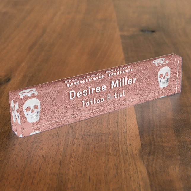 Gothic Skull Rose Gold Weißes Modern Elegant Namensplakette (Seite)