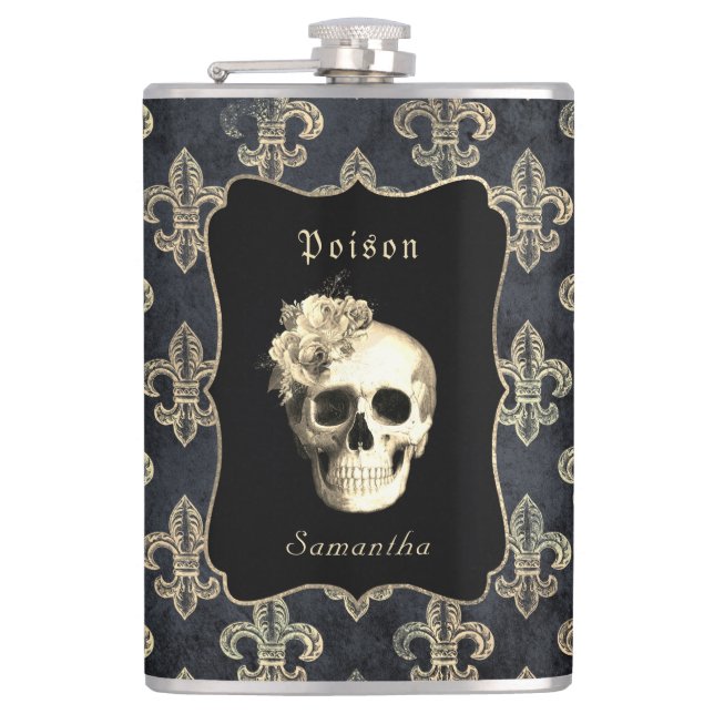 Gothic Skull Rose Personalisiert Flask Flachmann (Vorderseite)
